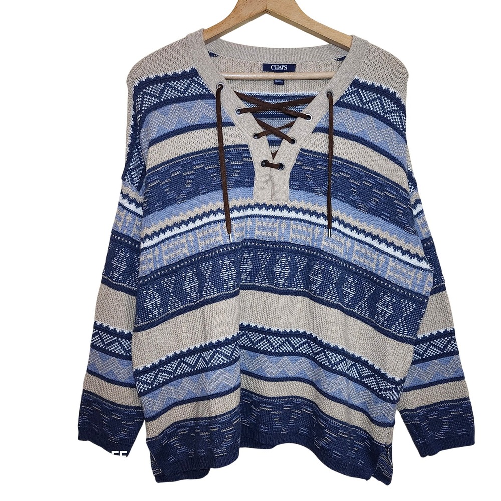 Chaps Lace Up Sweater Womens 1X Blue‎ Tan Fair Isle Knit Pullover Long Sleeve